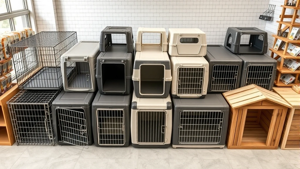 dog kennels for sale -
photorealistic overhead view of various dog kennel types displayed together inc