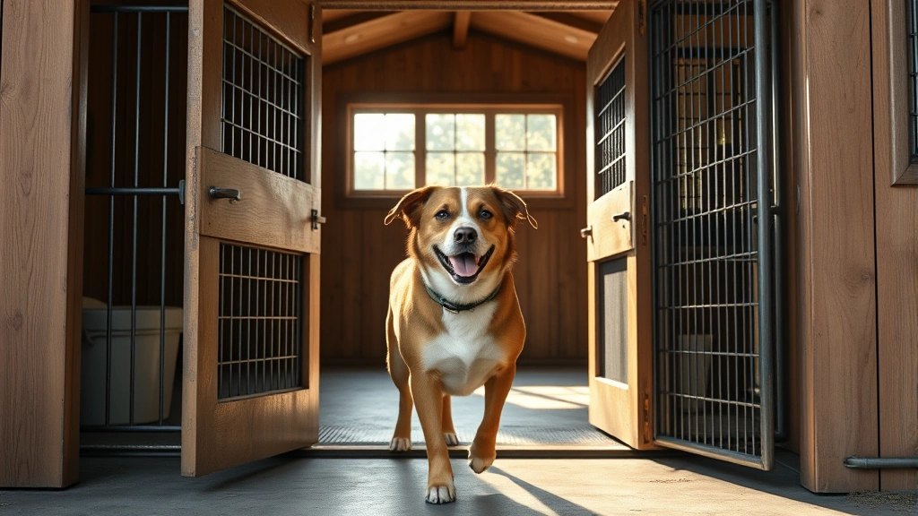 dog kennels for sale -
photorealistic image of a happy dog entering a well-maintained kennel with open