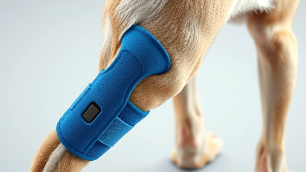 dog knee brace -
Photorealistic close-up of a dog’s back leg with a blue neoprene knee bra