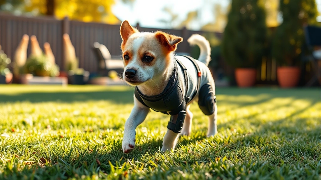 dog knee brace -
Photorealistic image of a small dog wearing a custom orthopedic knee brace walk