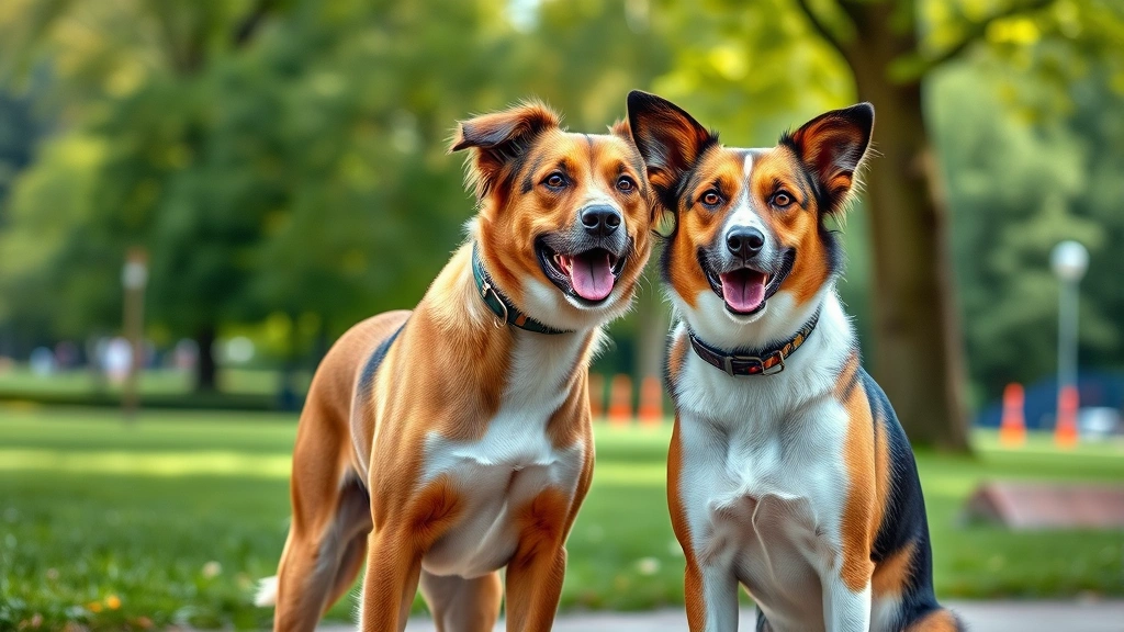 dog knotting -
Photorealistic image of a male and female dog standing together in a park setti