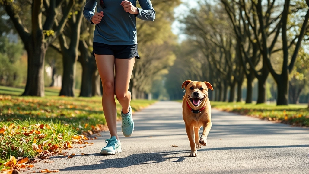 dog lead -
showing a person jogging with a happy medium-sized dog trotting beside them on 