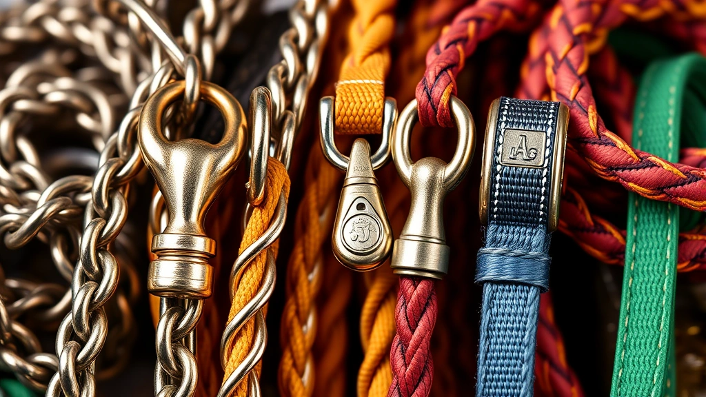 dog lead -
Photorealistic close-up of various dog lead types displayed together including 