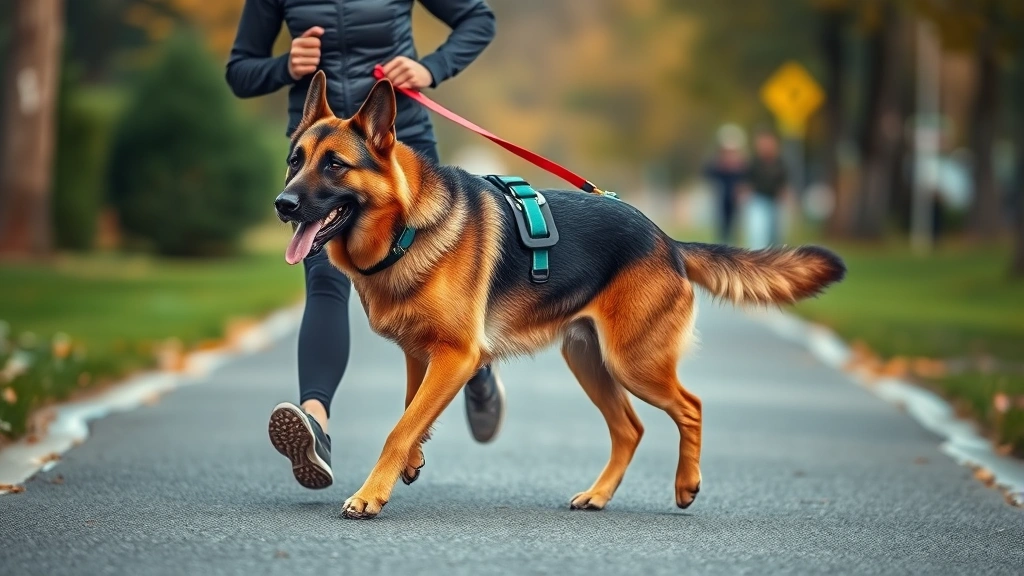 dog leashes -
Photorealistic image of a person jogging with a large German Shepherd dog using