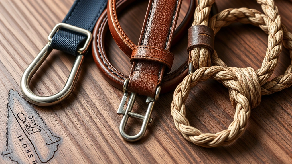 dog leashes -
Photorealistic close-up image of different dog leash materials arranged on a wo