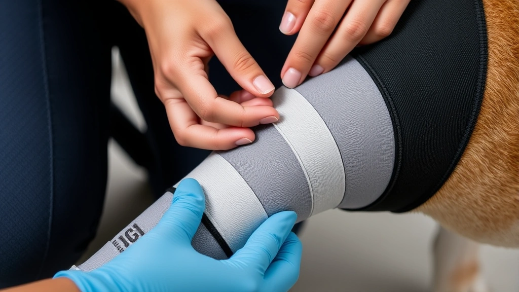 dog leg brace -
Close-up detail of a neoprene compression wrap being fitted snugly on a dog&#82