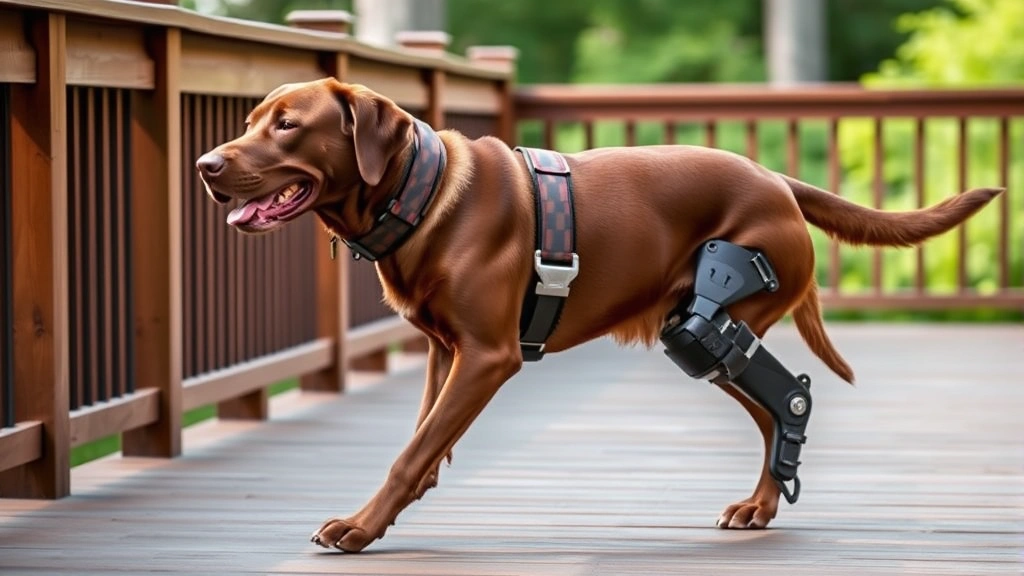 dog leg brace -
A senior brown labrador walking confidently on a wooden deck while wearing a cu
