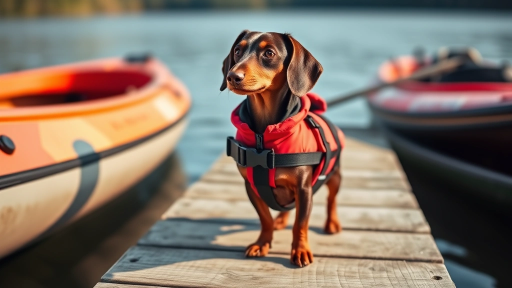 dog life vest -
Small Dachshund in a fitted red dog life vest standing on a dock next to a kaya
