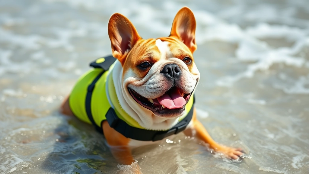 dog life vest -
Bulldog puppy in a neon yellow dog life vest in shallow beach water with waves,