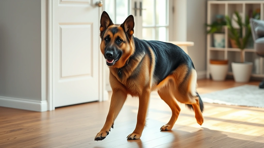 dog limping vet -
Photorealistic image of a limping German Shepherd walking slowly on a wooden fl