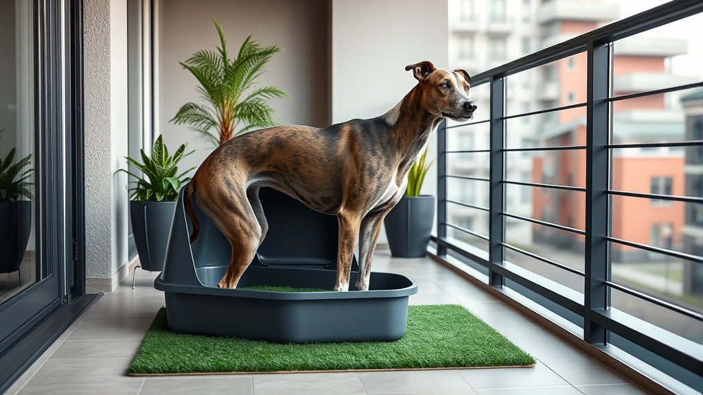 dog litter box -
Photorealistic image of a senior greyhound using a raised indoor potty box with