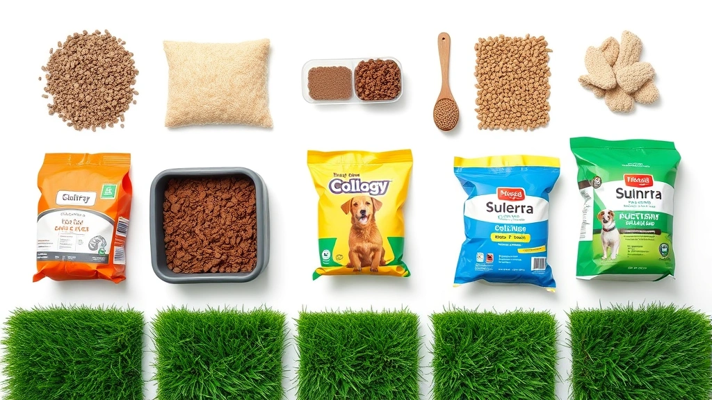 dog litter box -
Photorealistic flat lay of various dog litter box solutions arranged on white b