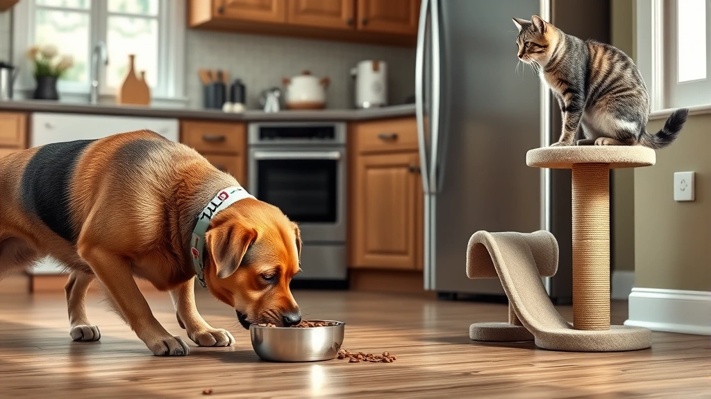 dog man and cat kid -
Photorealistic image of a dog eating from a bowl in the kitchen while a cat wat