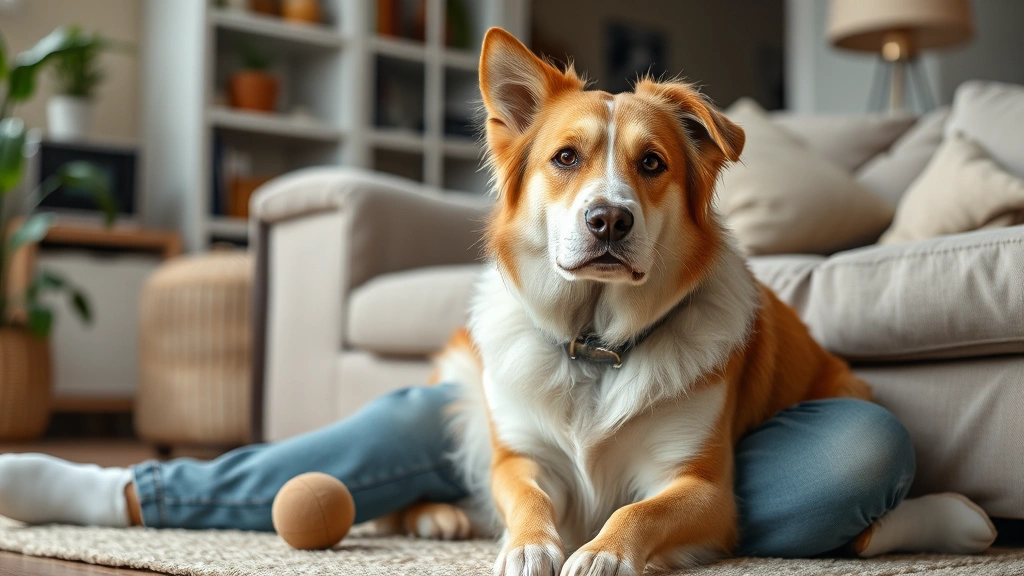 dog man big jim believes -
Photorealistic image of a well-balanced dog sitting calmly indoors with its own