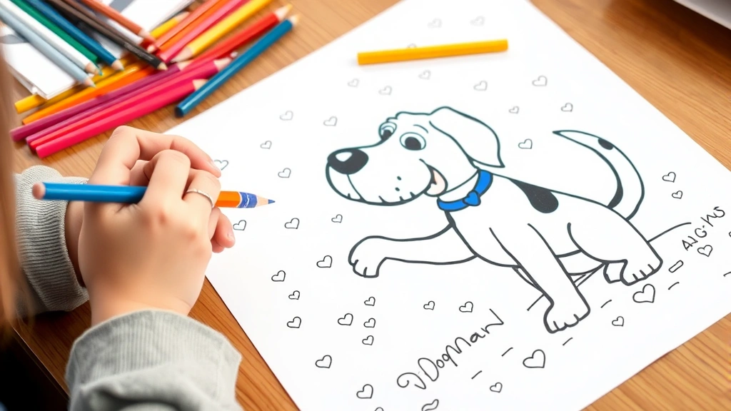 dog man coloring pages -
Child’s hand holding colored pencils over Dog Man coloring page with part