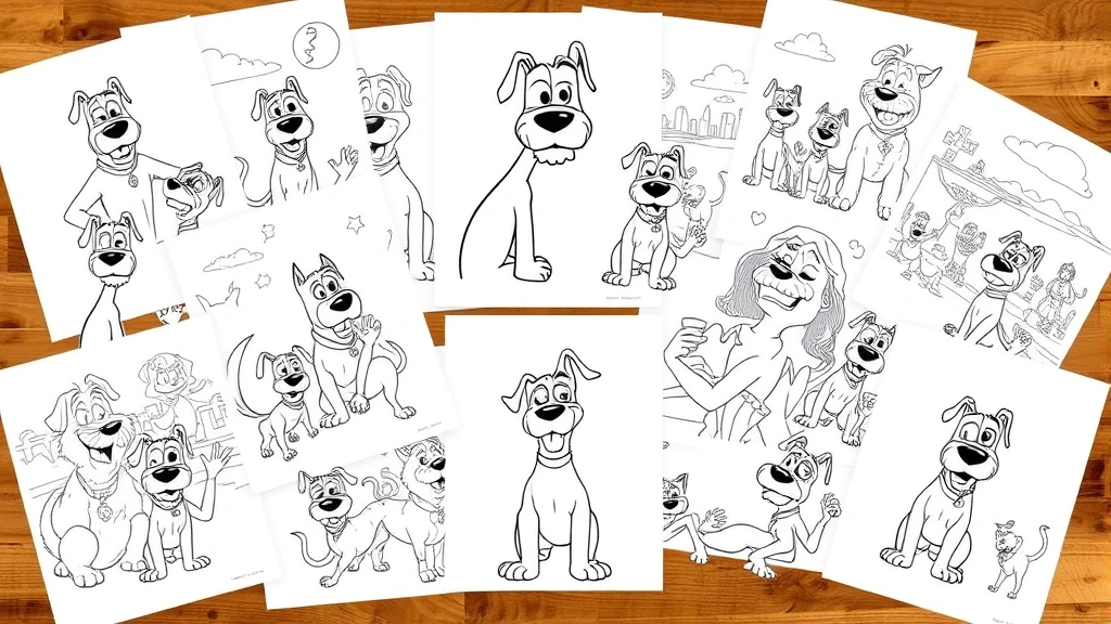 dog man coloring pages -
Collection of printed Dog Man coloring pages spread out showing various charact