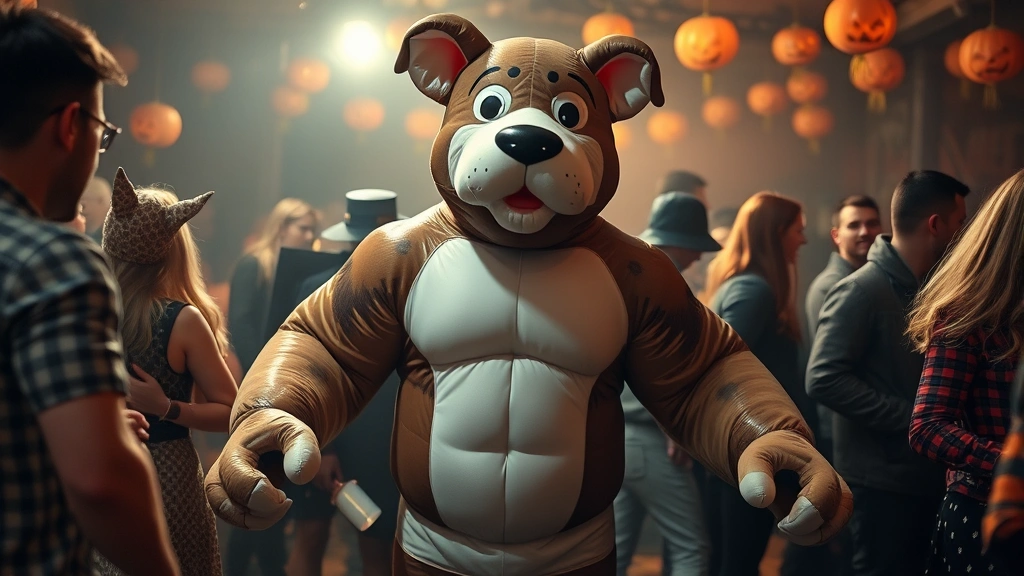 dog man costume -
An inflatable dog man costume being worn by someone at a Halloween party, showi