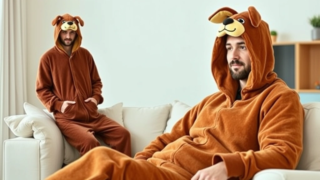 dog man costume -
A cozy dog man onesie costume in brown and tan colors with an attached hood fea