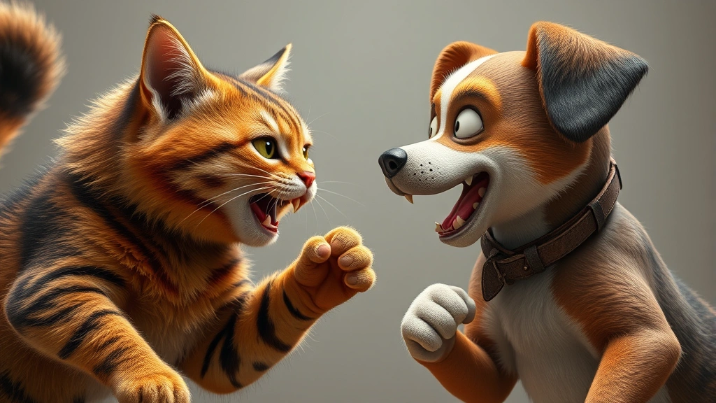 dog man petey -
Photorealistic scene of a cat and dog character facing off with comedic tension