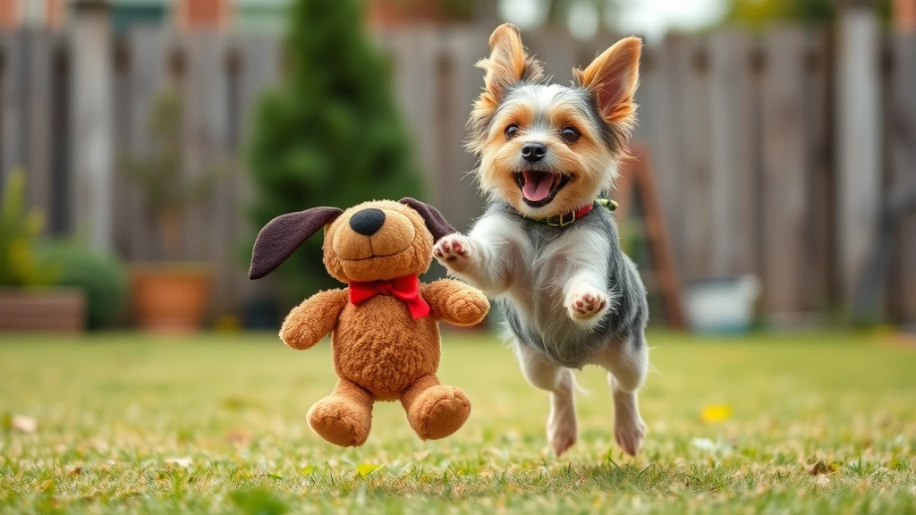 dog man plush -
Small terrier playing fetch with a medium-sized Dog Man plush toy in a backyard