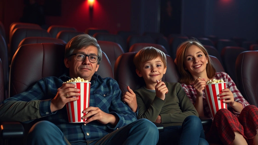 dog man showtimes -
Photorealistic style: Family of four sitting in theater seats eating popcorn
