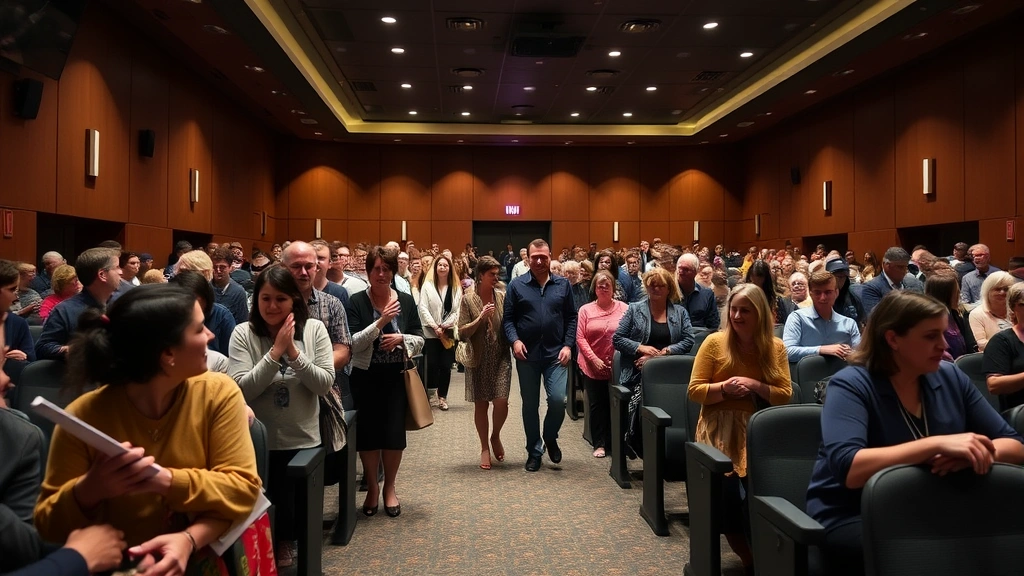 dog man showtimes -
families entering auditorium
