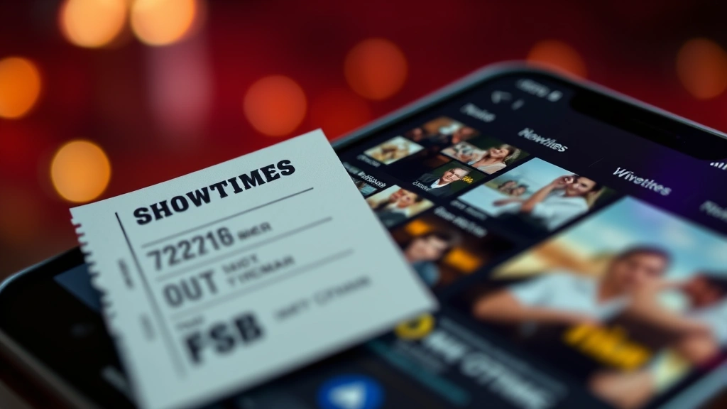 dog man showtimes -
Photorealistic style: Close-up of movie ticket stub and smartphone showing cine