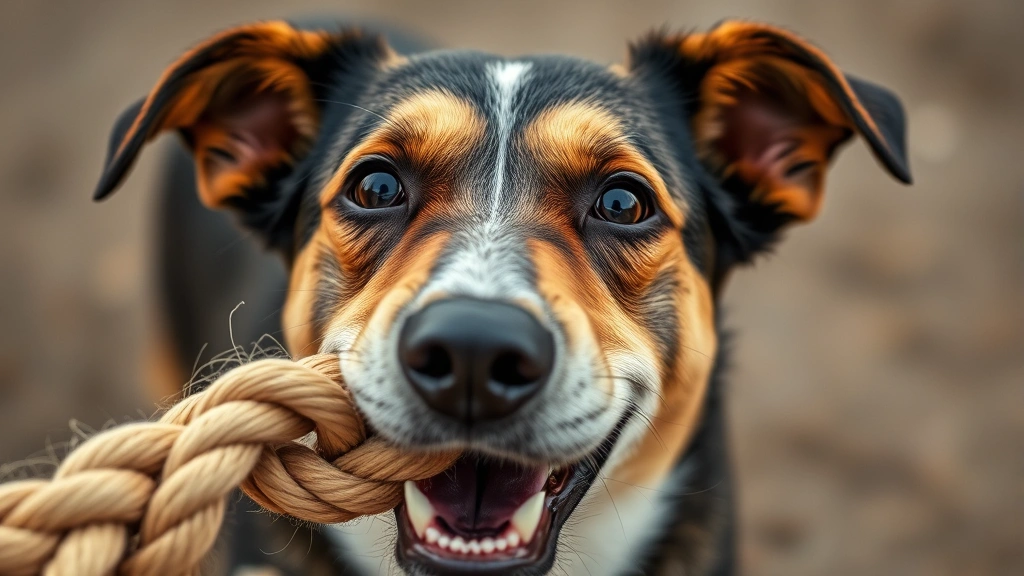 dog. man. toy -
Close-up of a dog’s face excitedly holding a rope toy during tug-of-war p