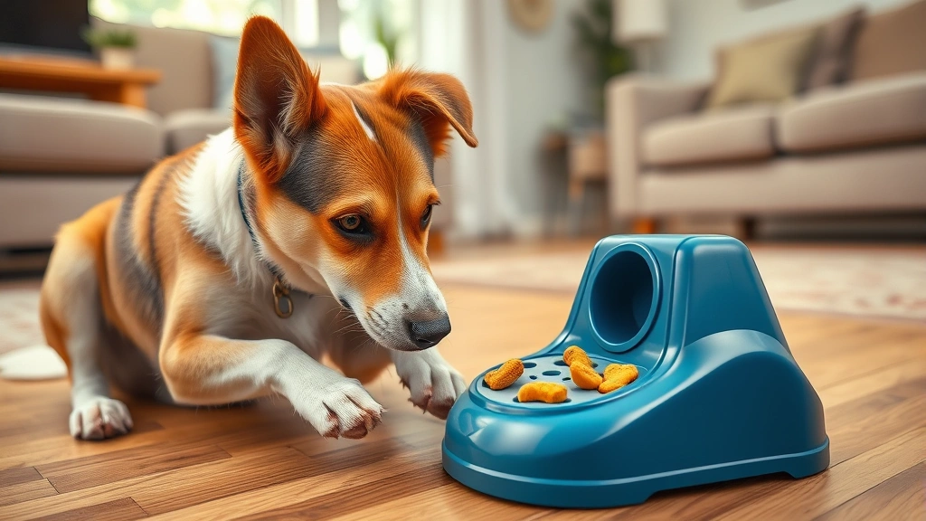 dog. man. toy -
Mixed breed dog engaged with an interactive puzzle toy dispensing treats on a l