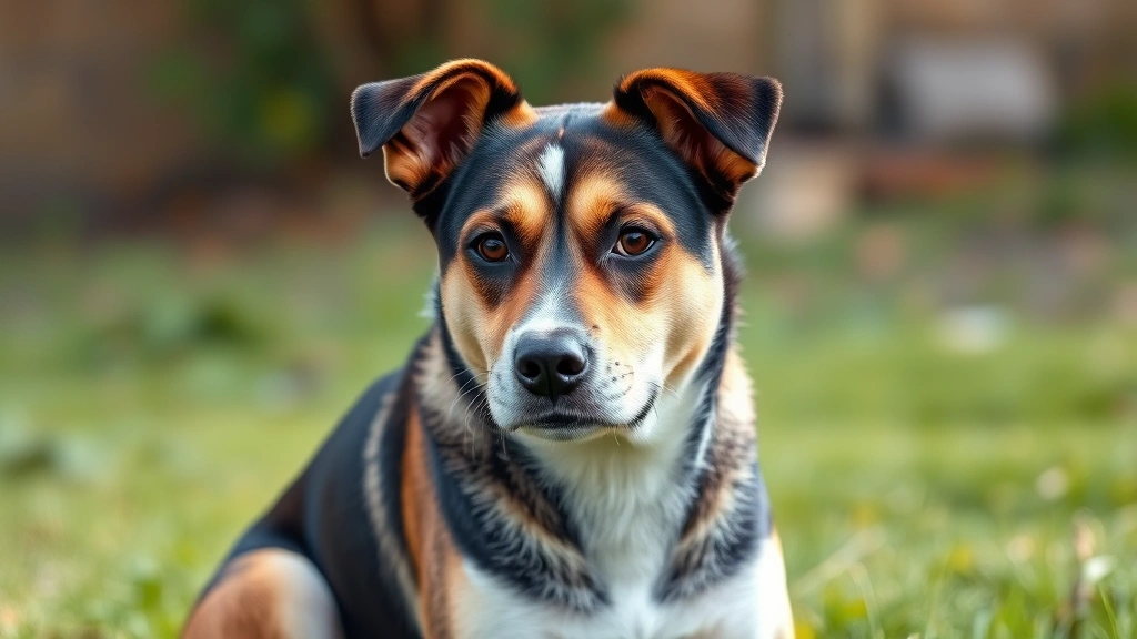 dog meme side eye -
A mixed breed dog sitting on grass outdoors, head tilted slightly with eyes dir
