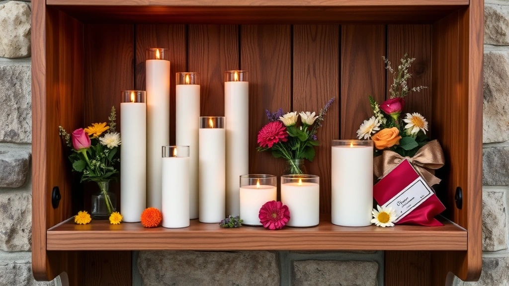 dog memorial gifts -
displayed on a wooden shelf with memorial candles and flowers
