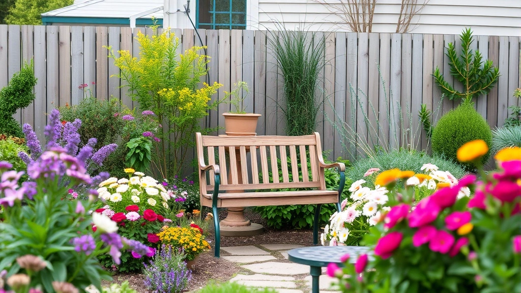 dog memorial gifts -
surrounded by flowers and a small wooden bench in a peaceful backyard setting
