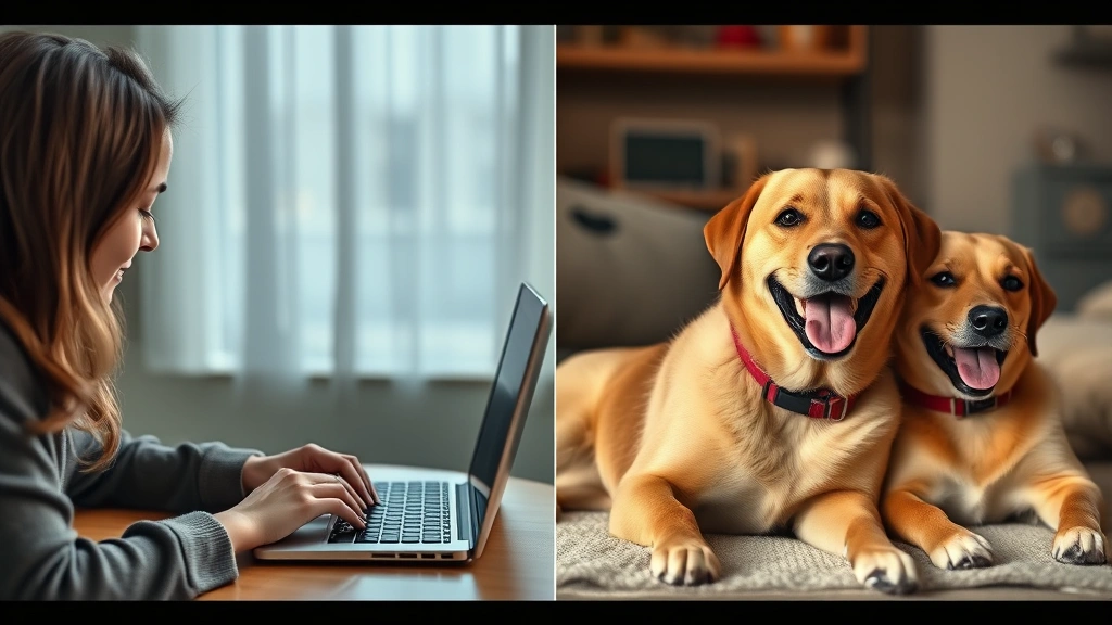 dog microchip lookup -
Photorealistic split-screen showing a worried pet owner looking at a laptop sea
