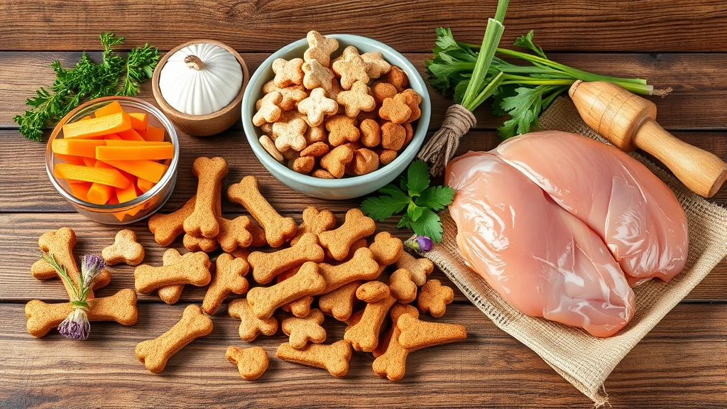 dog mom -
Photorealistic image of various healthy dog treats and ingredients on a wooden 