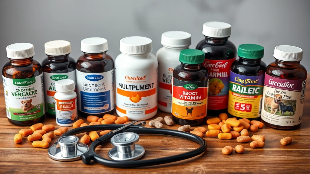 dog multivitamin -
Array of different dog supplement bottles and chews arranged on a wooden table 