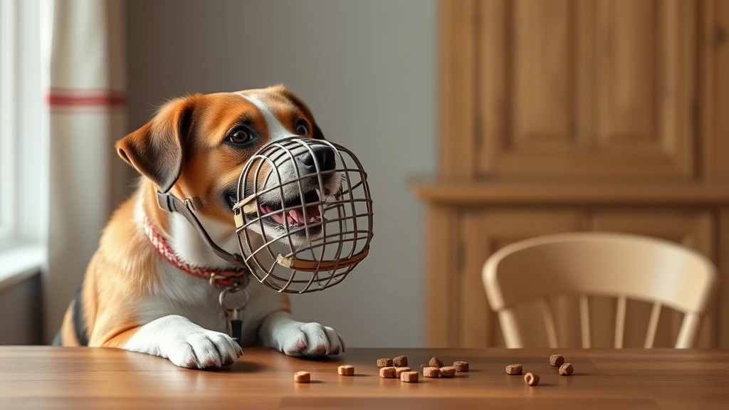 dog muzzles -
Photorealistic scene of a dog voluntarily approaching a basket muzzle on a tabl