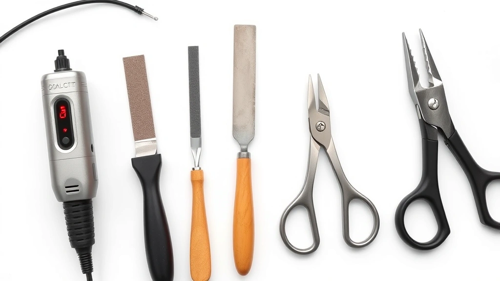 dog nail file -
Photorealistic flat lay of five different dog nail grooming tools arranged on a