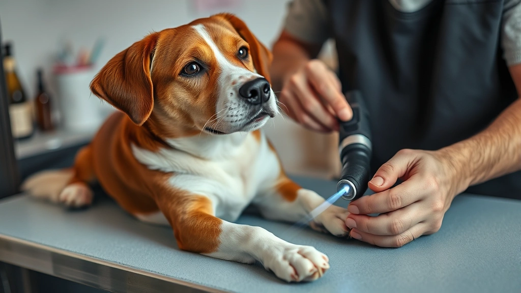 dog nail file -
Photorealistic image of a calm brown and white dog sitting on a grooming table 