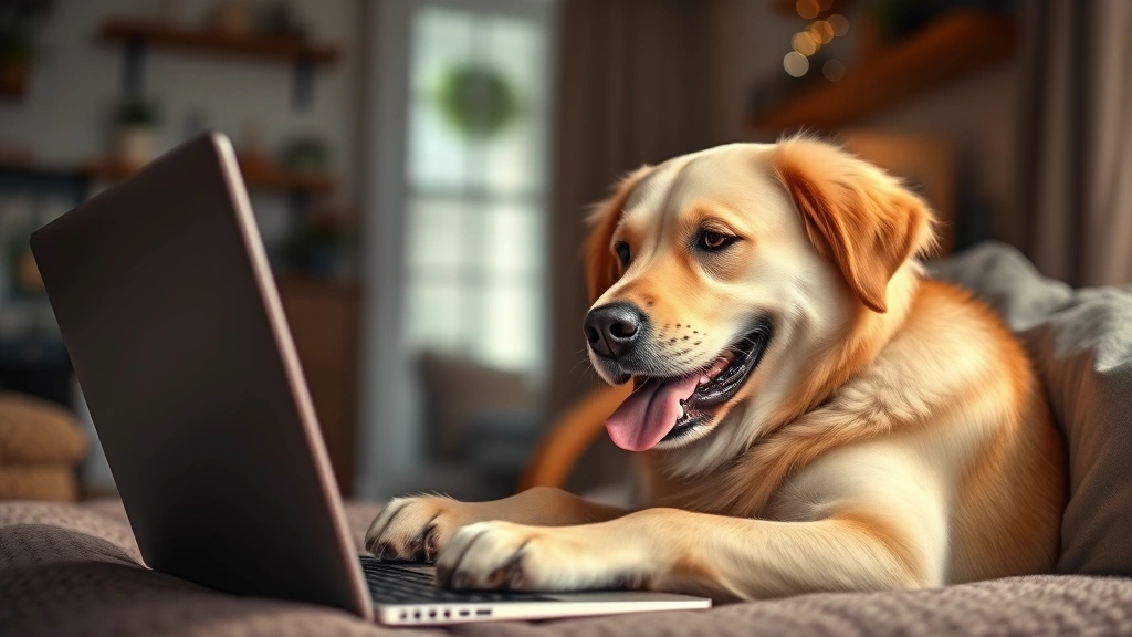 dog name generator -
Photorealistic image of a dog owner smiling while looking at a laptop screen in