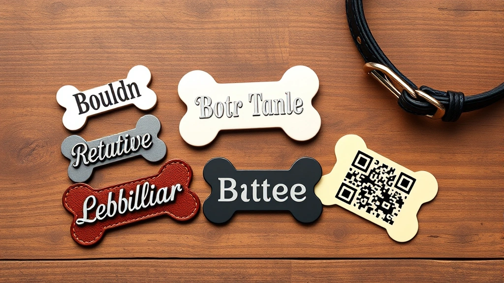 dog name label -
Photorealistic flat lay composition of five different types of dog name labels 