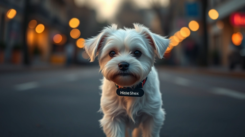 dog name label -
Photorealistic image of a small white dog wearing a collar with a reflective na
