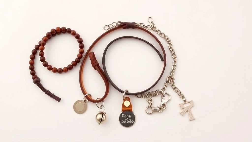 dog necklace -
Photorealistic flat lay of five different dog necklaces arranged in a circle &#