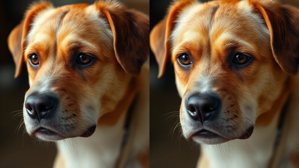 dog ningen -
Photorealistic side-by-side comparison showing a normal dog face on the left an