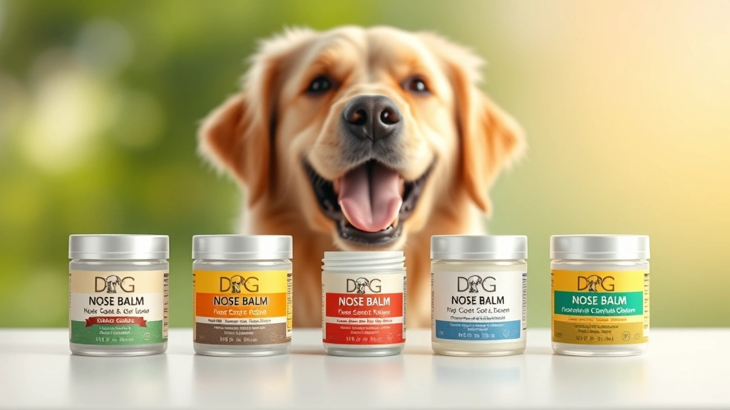 dog nose balm -
Photorealistic image of five different dog nose balm containers arranged on a w