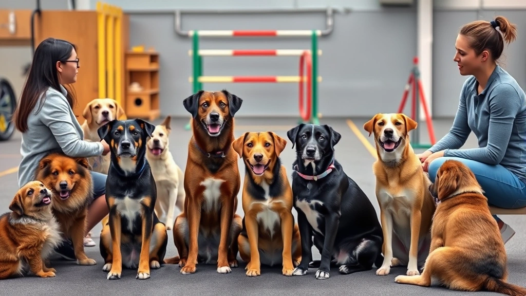 dog obedience class viral video -
A group of diverse dogs in an obedience class sitting attentively with their ow