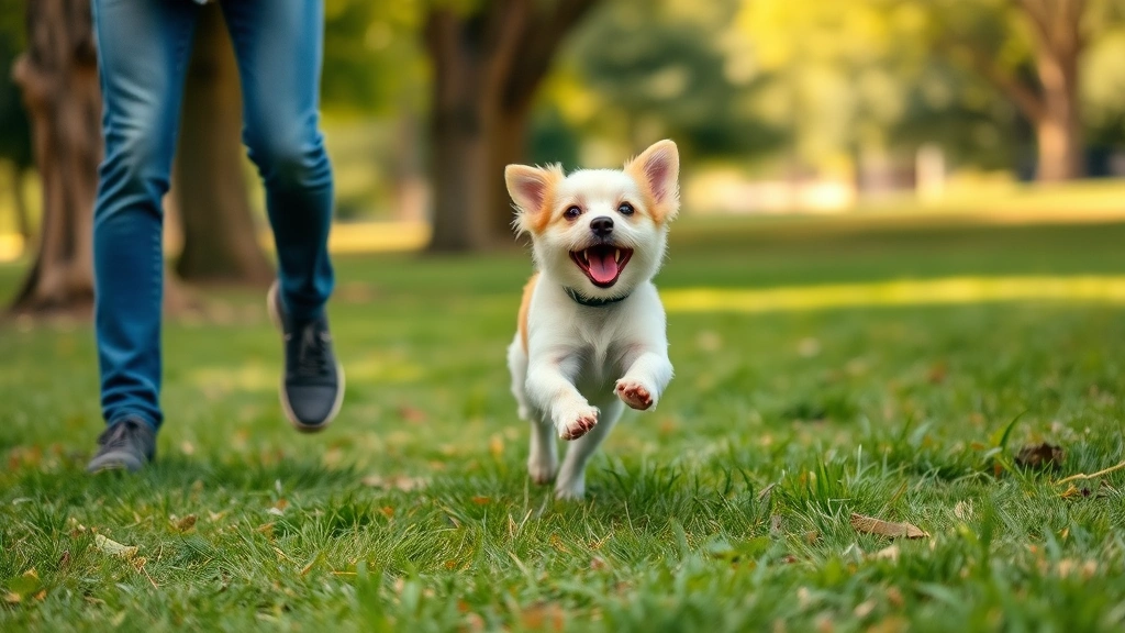 dog obedience class viral video -
A small dog enthusiastically running toward owner outdoors in a park with trees