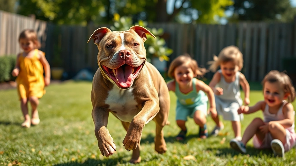 dog of little rascals -
Photorealistic image of a muscular Pit Bull Terrier playing enthusiastically wi