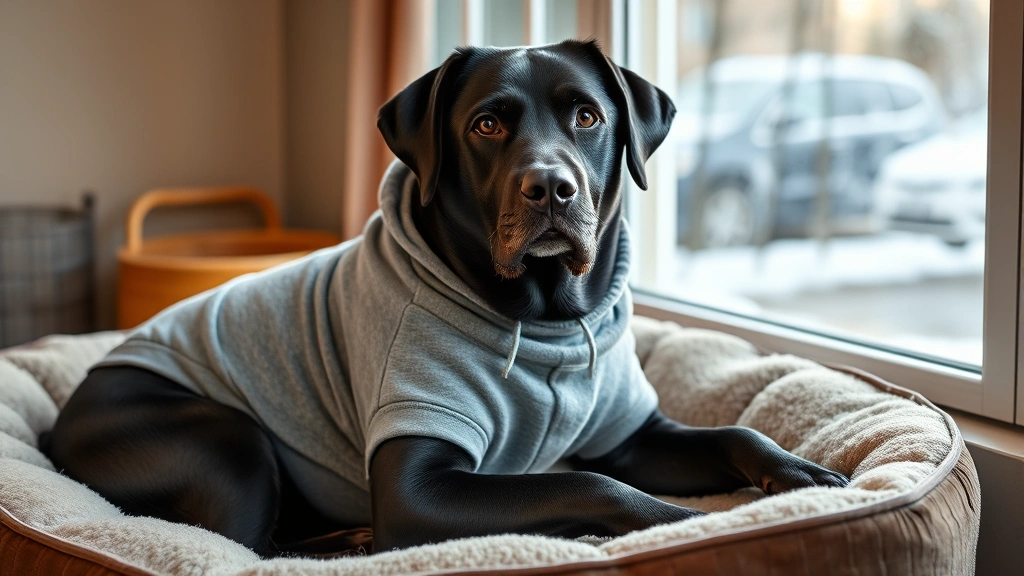 dog onesie -
A senior black labrador wearing a gray thermal dog onesie, lying on a cozy dog 