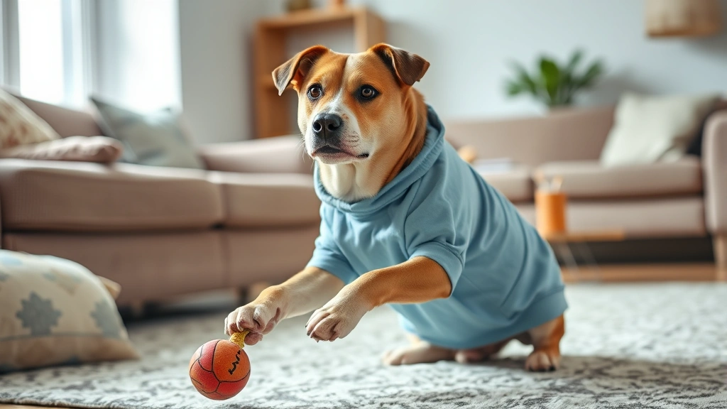 dog onesie -
A medium-sized mixed breed dog wearing a recovery onesie after surgery, playing