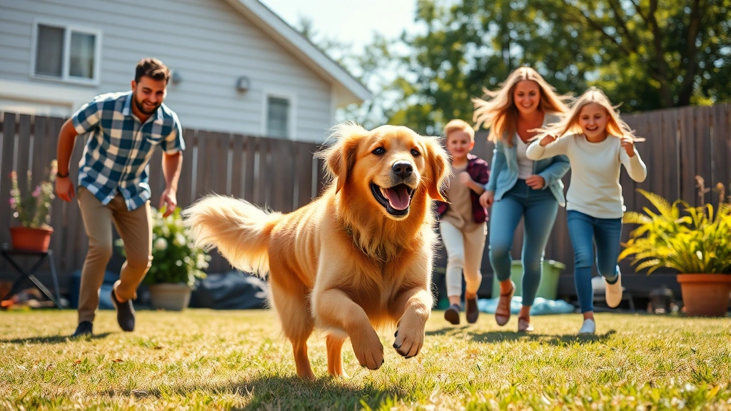 dog outline -
Photorealistic image of a happy family playing with an energetic golden retriev